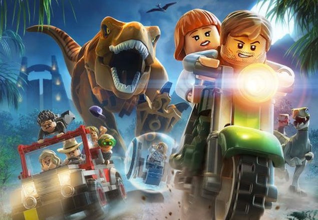 LEGO Jurassic Park game poster with characters riding motorcycle while being chased by a T-rex